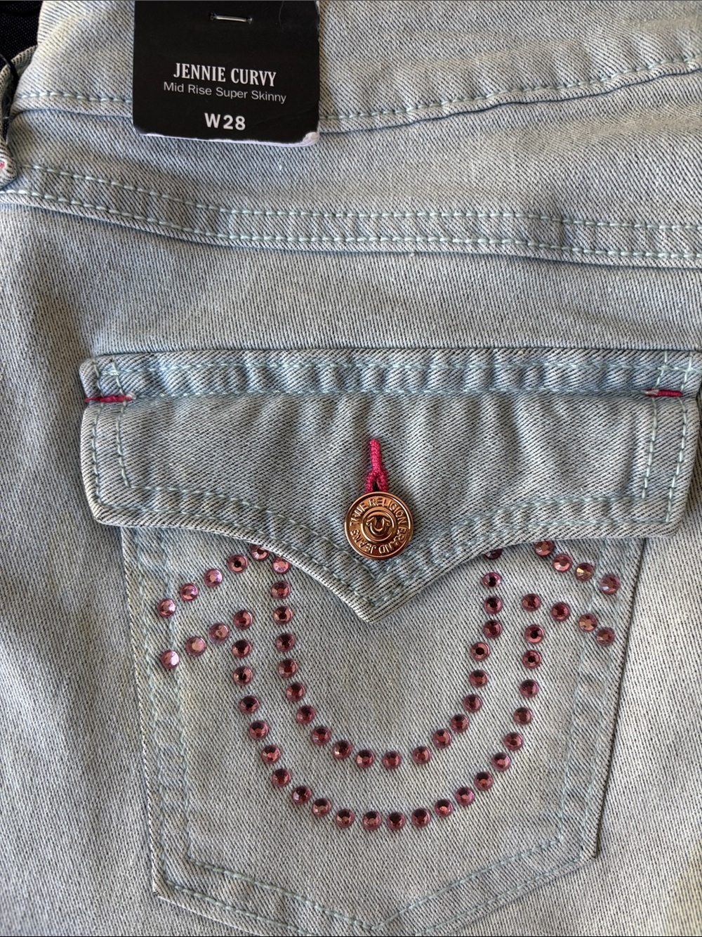 True Religion Light Blue High Rise Jeans with Pink Stud Accents size 28